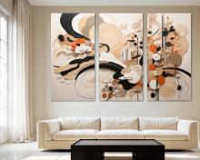 Japandi Wall Art Canvas Print flowing geometric shapes and circles, office art - 3 Panel Split