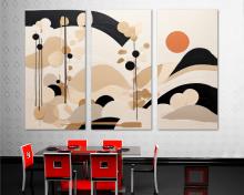 Japandi Canvas Wall Art Print landscape like shapes and sun, office art - 3 Panel Split