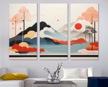Japandi Canvas Wall Art Print Mountain landscape with clouds, minimalist art - 3 Panel Split