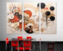 Japandi Wall Art Canvas Print Floral theme with circles modern art, Flat 2D - 3 Panel Split