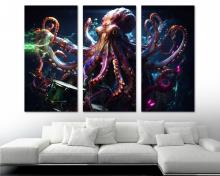 Drummer Octopus Canvas cool Wall Art Print colorful artwork of octopus - 3 Panel Split
