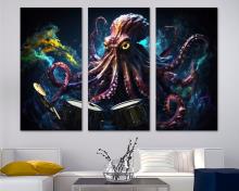 Drummer Octopus Wall Art Canvas Print Yellow eyed octopus artwork - 3 Panel Split