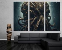 Dark Kraken Canvas Wall Art Print adorned with bronze and dark eyes - 3 Panel Split
