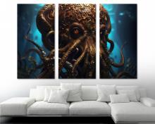 King Kraken Wall Art Canvas Print bronze accents and galactic eyes - 3 Panel Split