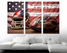 American Football Canvas Wall Art Flag and Helmet Print sport decor - 3 Panel Split
