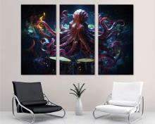 Octopus and Drums Canvas Wall Art Print colorful music instrument artwork - 3 Panel Split