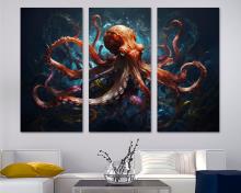 Deep sea Octopus Wall Art Canvas Print Orange Sea Monster artwork - 3 Panel Split