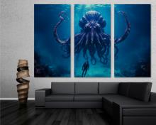 Giant Kraken Wall Art Canvas Print monstrous sea creature and scuba diver - 3 Panel Split