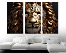 Gold Lion Canvas Wall Art Lion Portrait Print, office art - 3 Panel Split