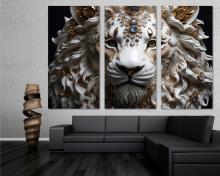 Lion Portrait Wall Art Canvas Print, lion with porcelain skin wearing jelwels - 3 Panel Split