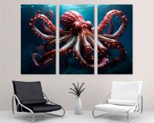 Octopus Canvas Wall Art Print sea creature artwork, office art - 3 Panel Split