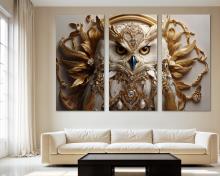Queen Owl Canvas Wall Art Owl Print with gold jewlery ornaments,Flat 2D Giclee - 3 Panel Split