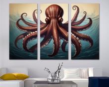 Vintage Octopus Wall Art Canvas Print giant kraken artwork, office art - 3 Panel Split