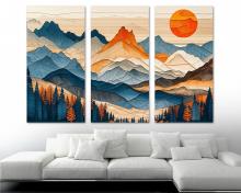 Mountain Landscape Wall Art Canvas Print Wood Texture modern midcentury art - 3 Panel Split