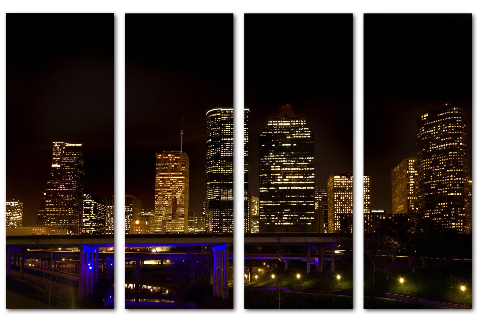 Houston, Texas Skyline at Night Canvas Print. 4 Panel Split Wall Art Canvas Quest