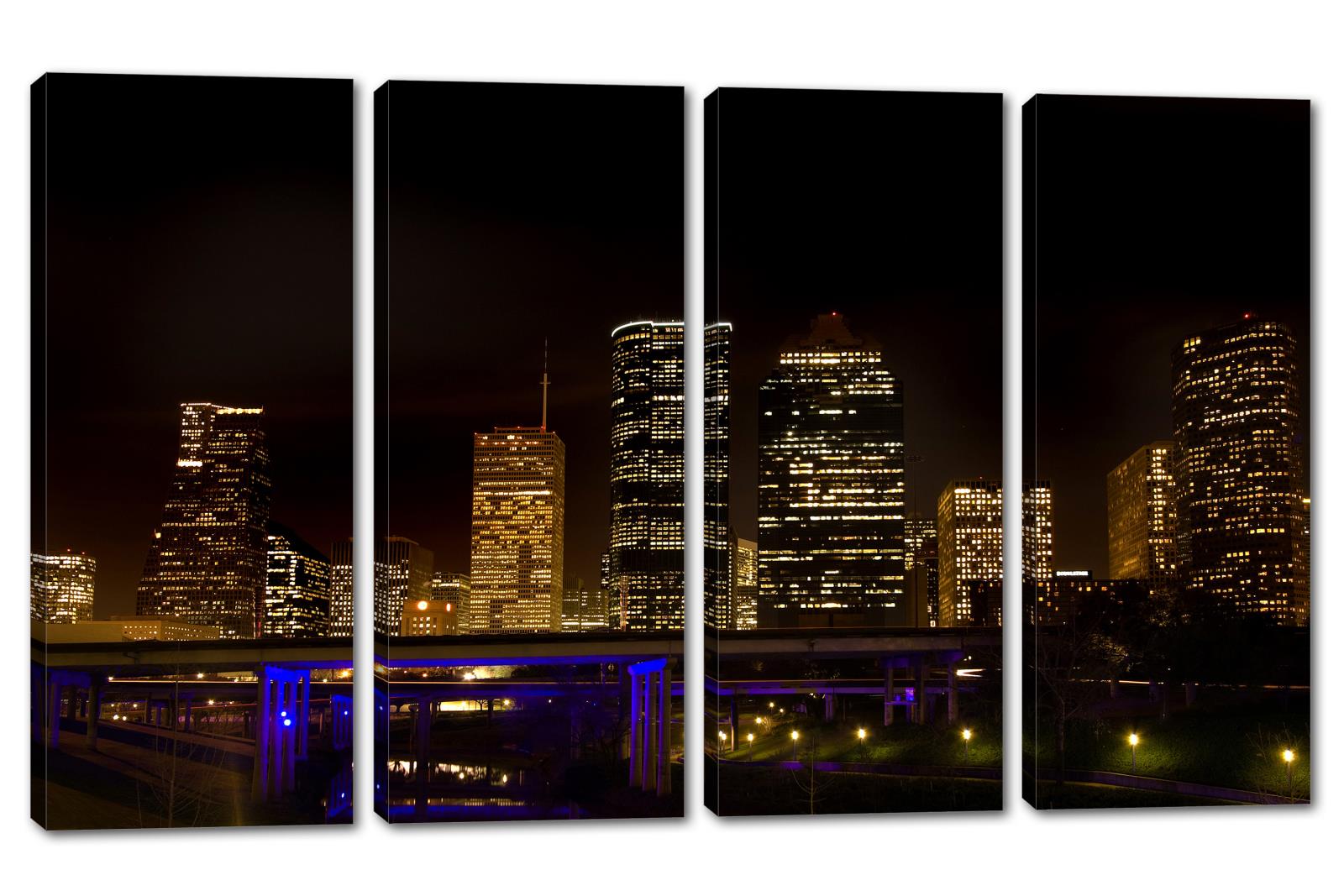 Houston, Texas Skyline at Night Canvas Print. 4 Panel Split Wall Art