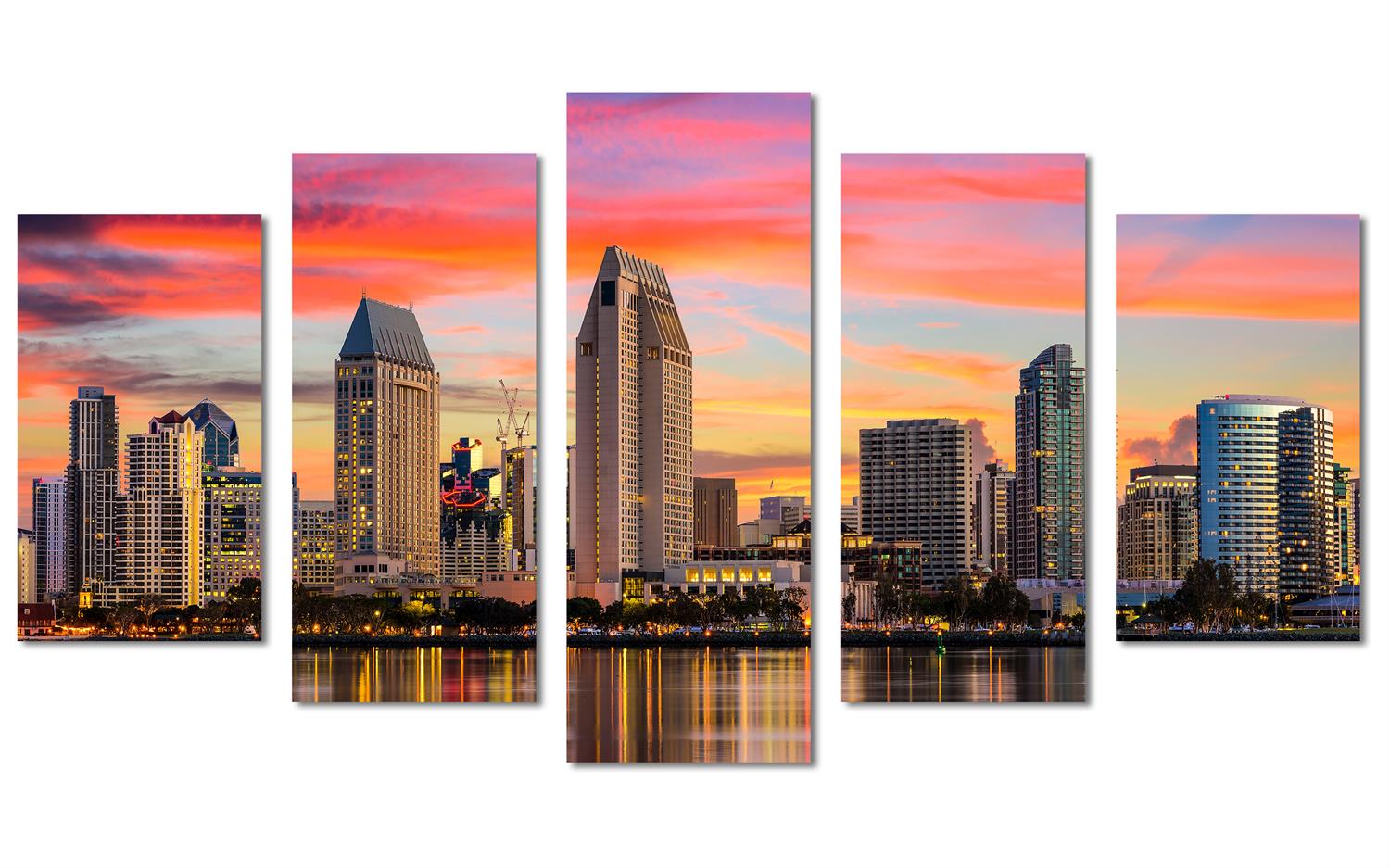 San Diego Skyline Canvas Print Wall Art. 5 Panel Diamond Split, Home