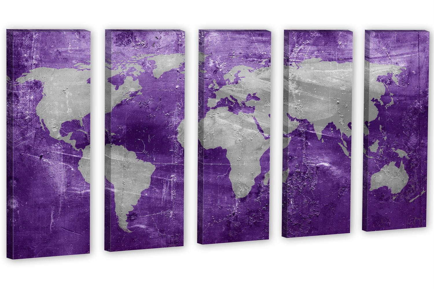 Purple & Silver World Map Canvas Print 5 Panel Split Wall Art for ...