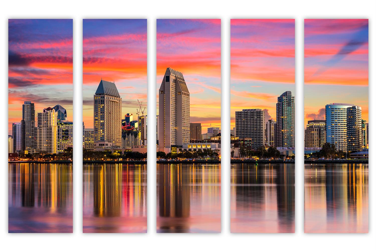 San Diego Skyline Canvas Print Wall Art. 5 Panel Split, Home wall