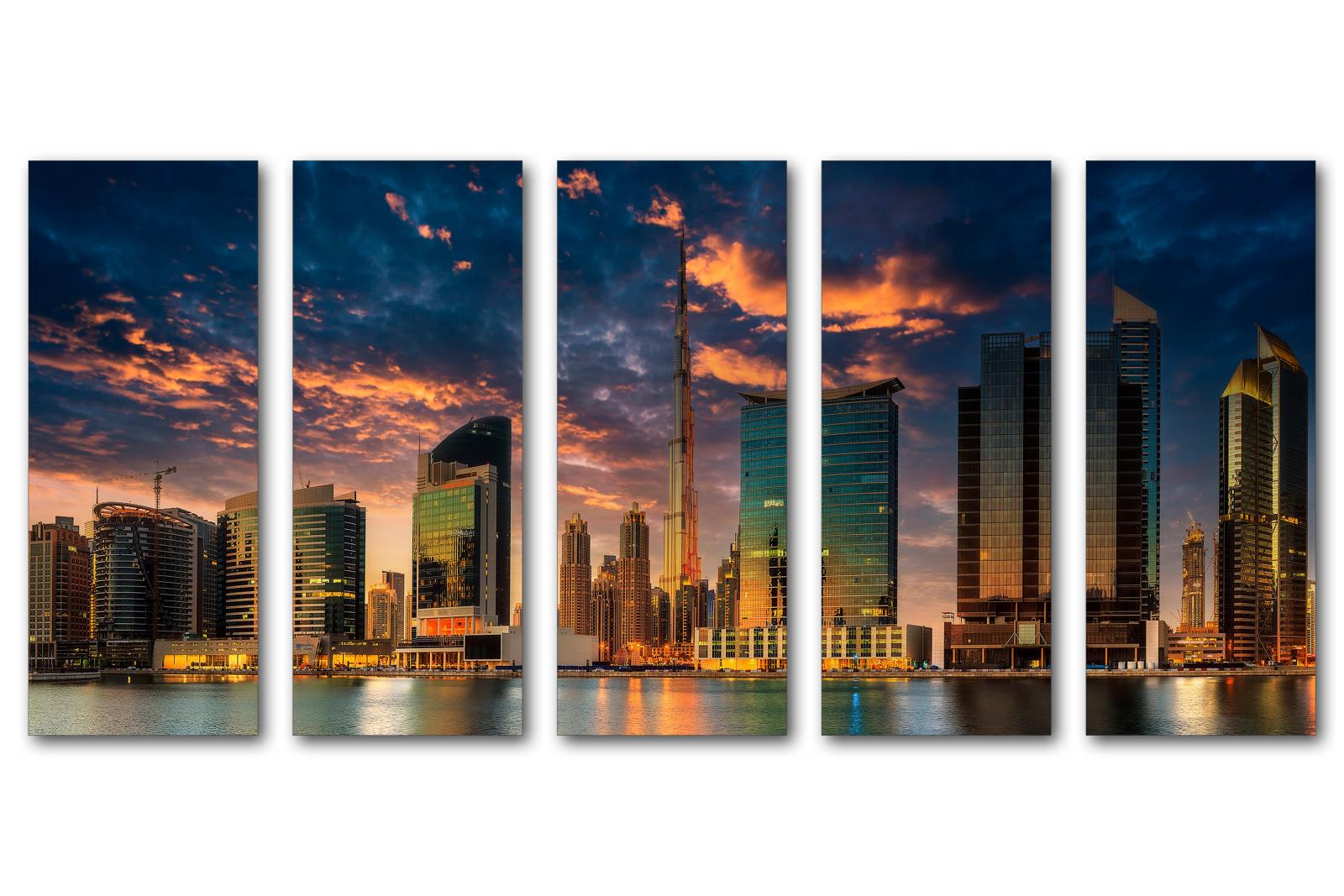 Dubai Evening Skyline Canvas Print Wall Art, Burj Khalifa 5 Panel