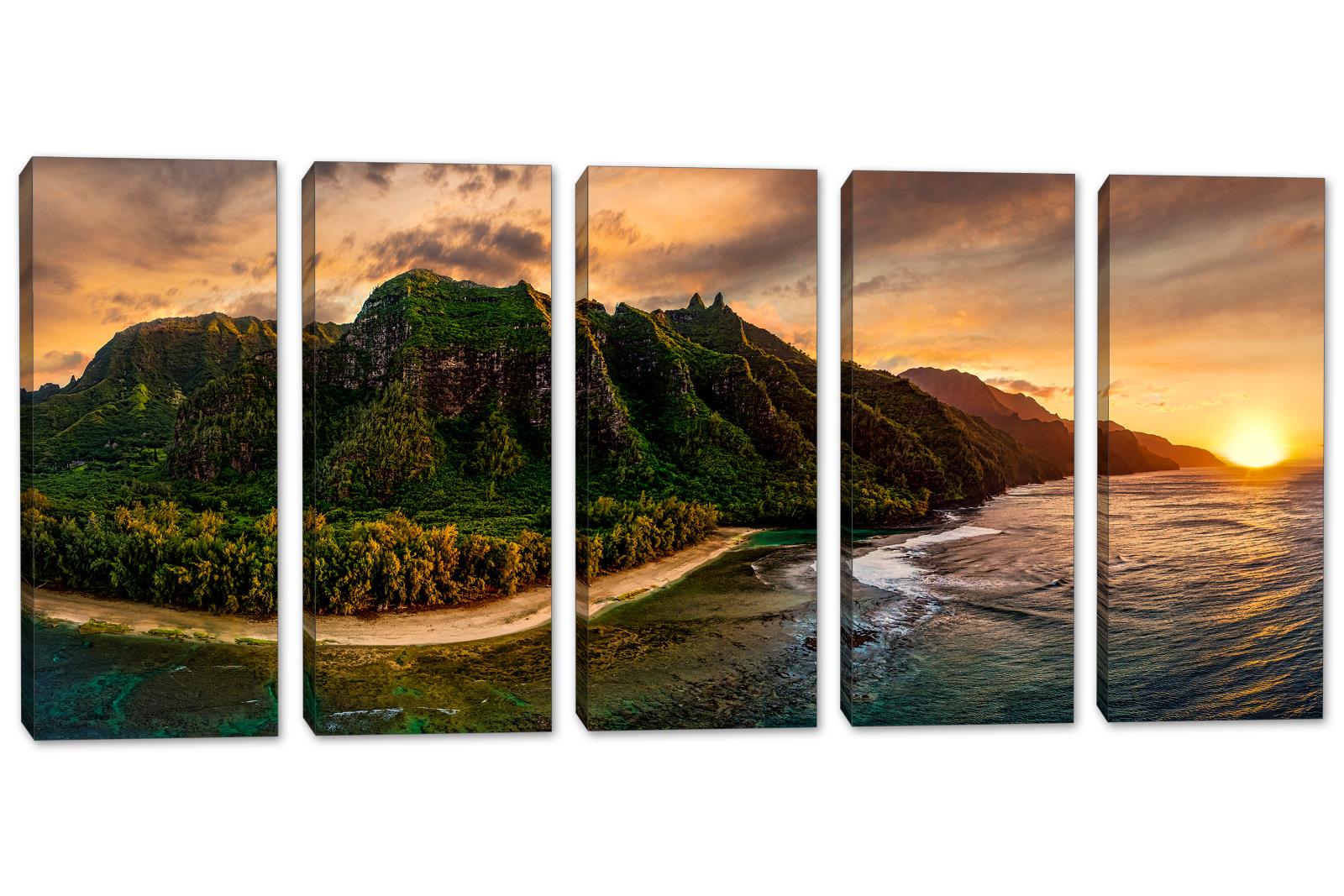 Hawaii's Na Pali Coast Canvas Print Wall Art golden sunset 5 Panel