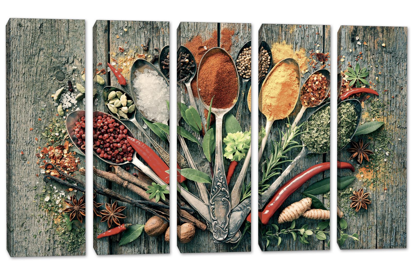 Herbs and Spice Wall Art Canvas Print faded tone 5 Panel Split herb Kit