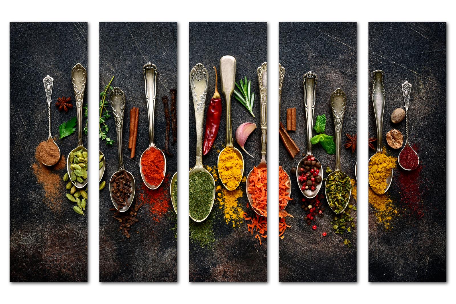 Herbs & Spice Wall Art Canvas Print on black 5 Panel Split Spoons, He
