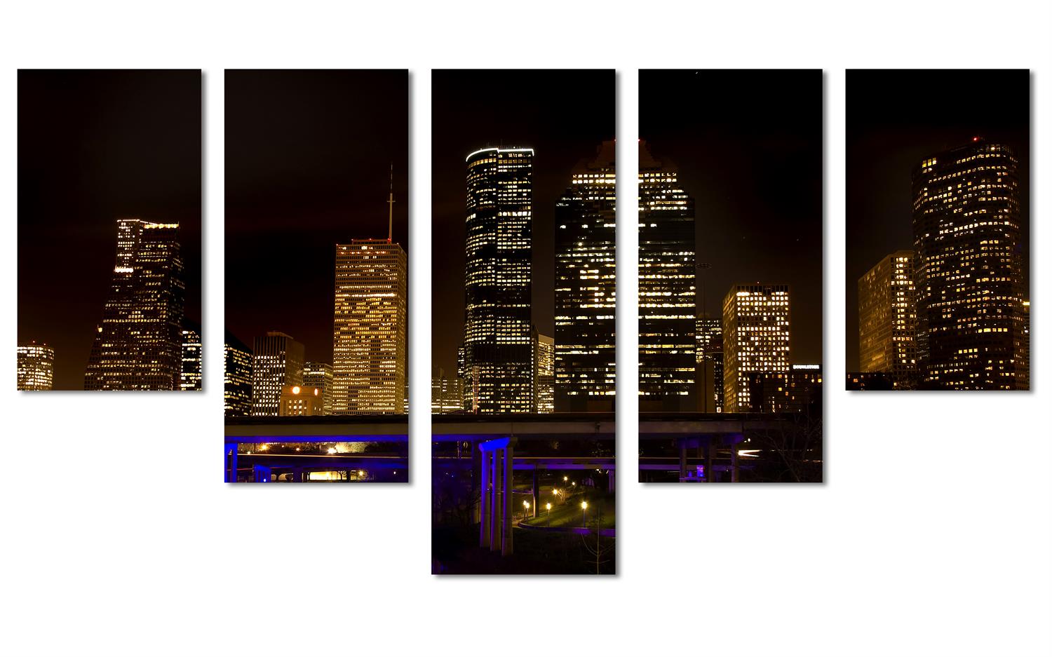 Houston, Texas Skyline at Night Canvas Print. 5 Panel Waterfall Split Wal Canvas Quest