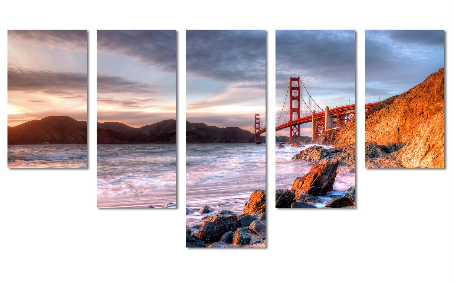 SF Golden Gate bridge Canvas Print Wall Art 5 Panel Waterfall Split