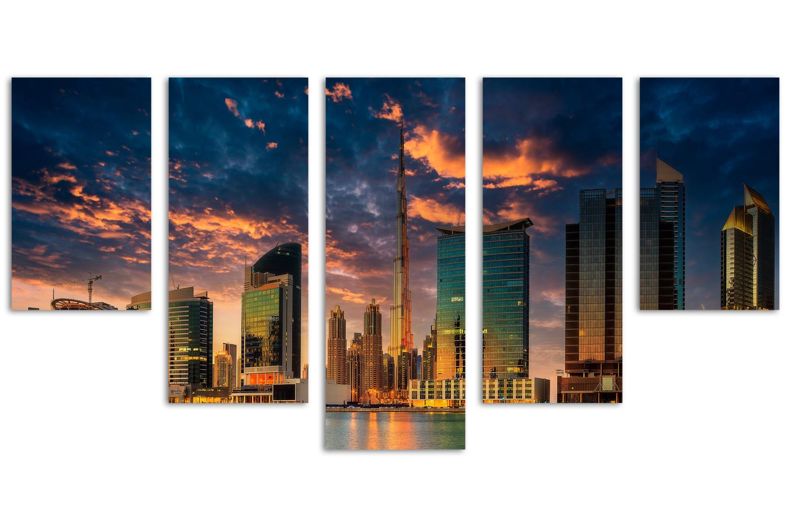 Dubai Evening Skyline Canvas Print Wall Art Burj Khalifa 5 Panel