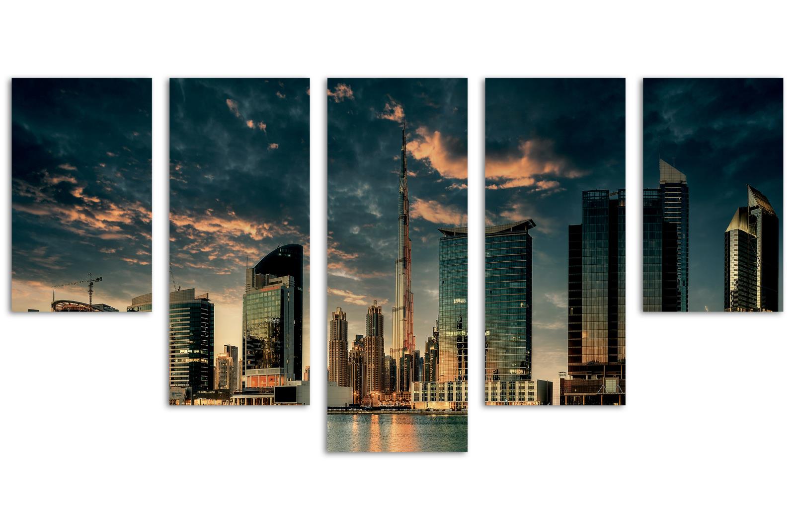 Dubai Canvas Wall Art Print at night, Burj Khalifa 5 Panel Waterfall