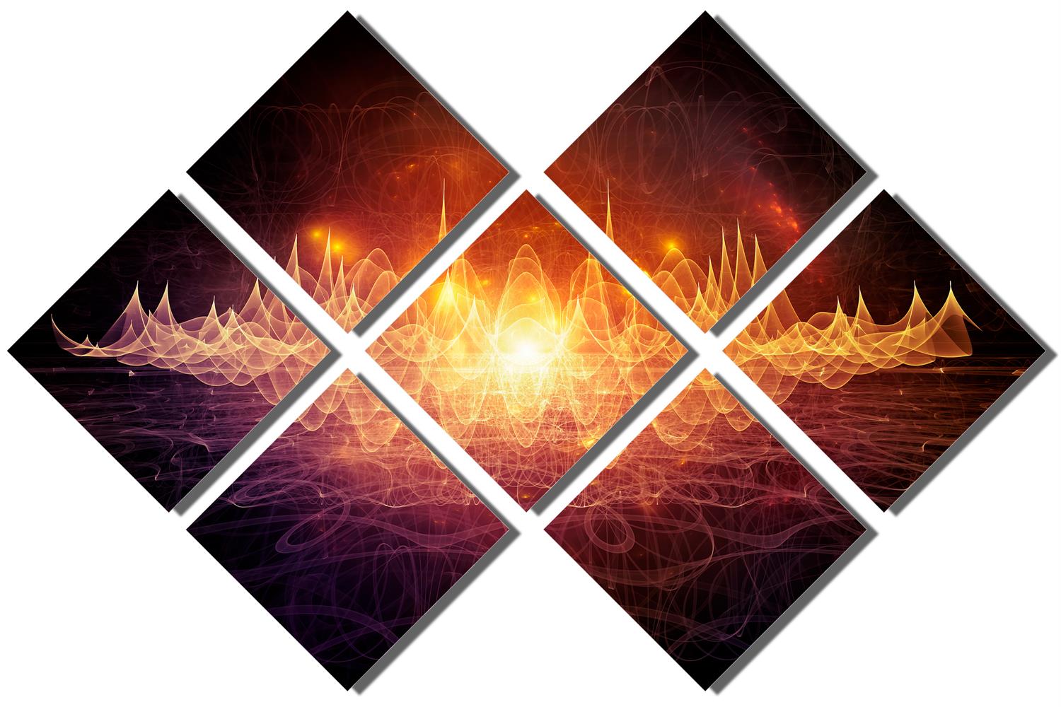 Abstract Sound Wave Metal Print Wall Art Orange. Fractal art, 7 panel