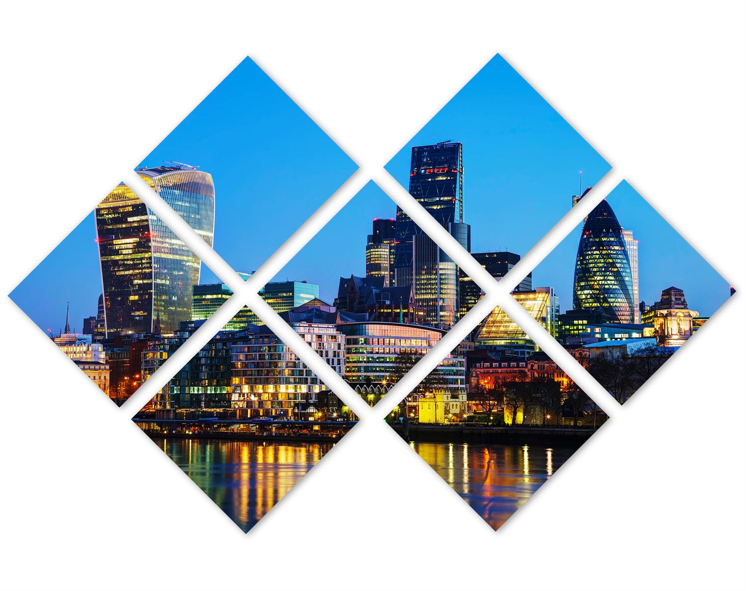 London FIDI Skyline. Canvas Print Wall Art 7 Panel Butterfly Split