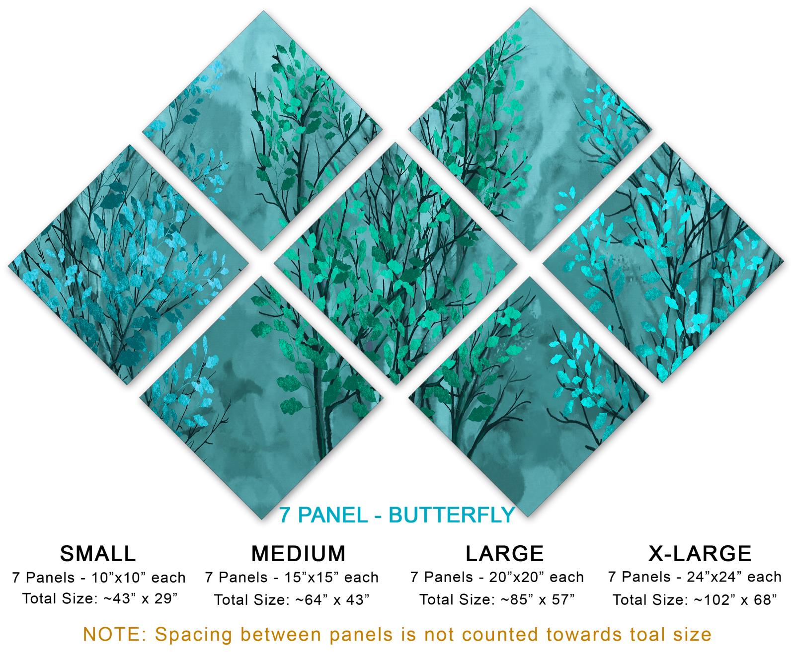 Botanical Trees Wall Art Canvas Print dark aqua blue 7 Panel Butterfly