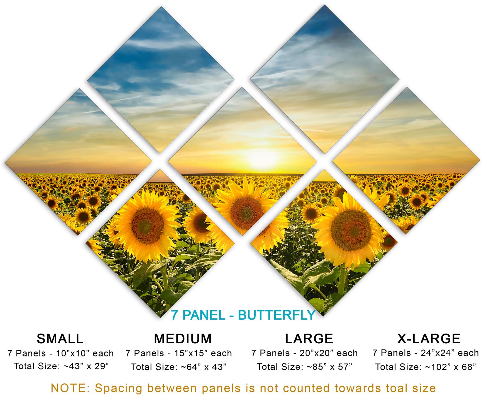 Sunflower fields sunset Canvas Print Wall Art 7 Panel Butterfly Split
