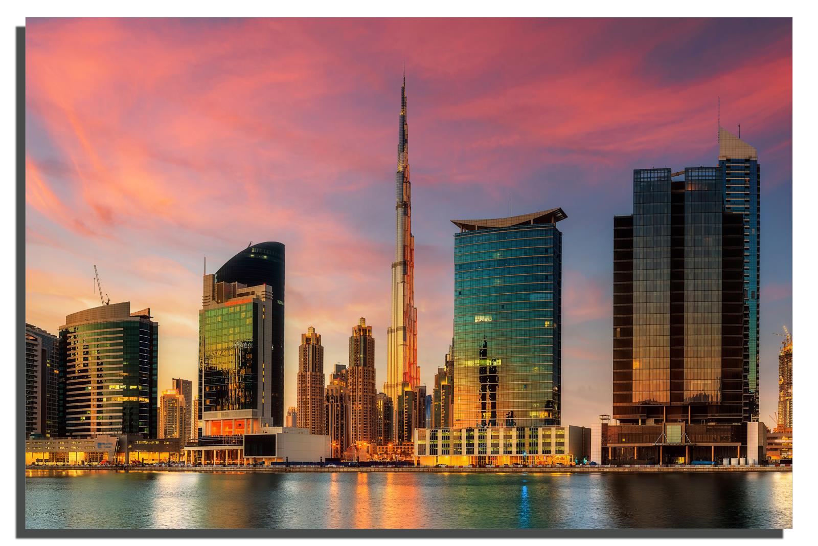 Dubai, Burj Khalifa Skyline Wall Art Metal Print pink sunset skies