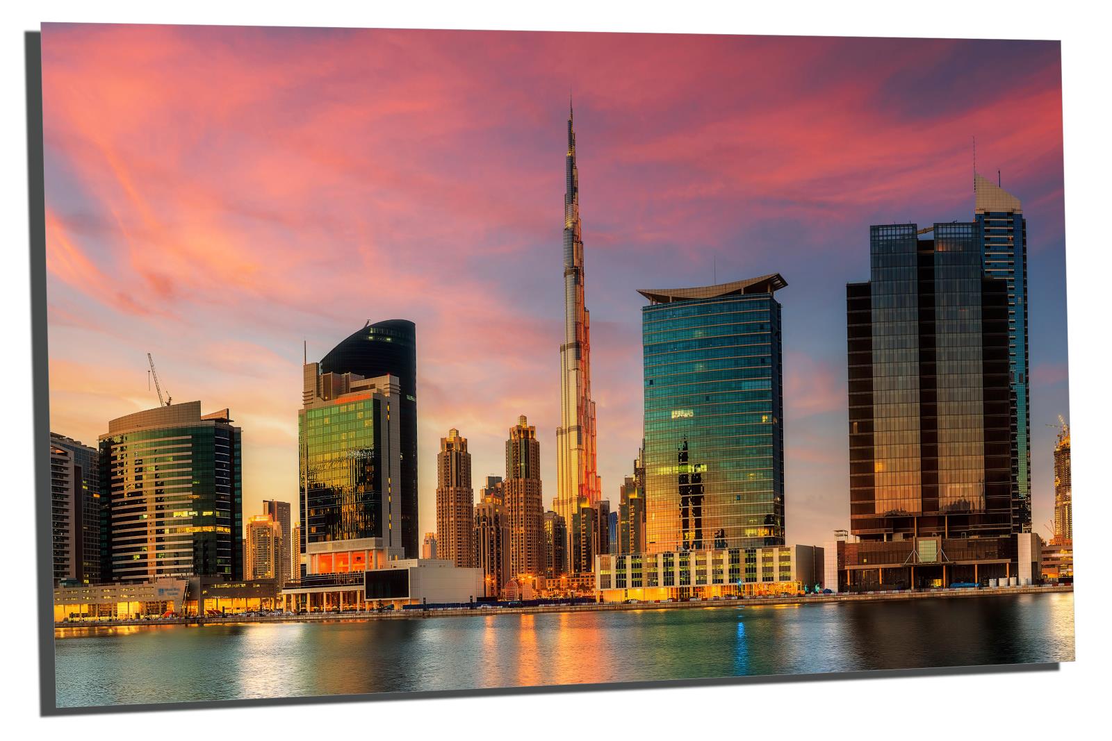 Dubai, Burj Khalifa Skyline Wall Art Metal Print pink sunset skies