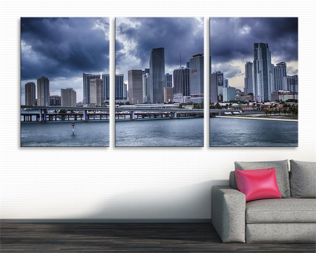 Oceanfront Miami skyline Canvas Print. 3 Panel Split, Triptych Wall Art