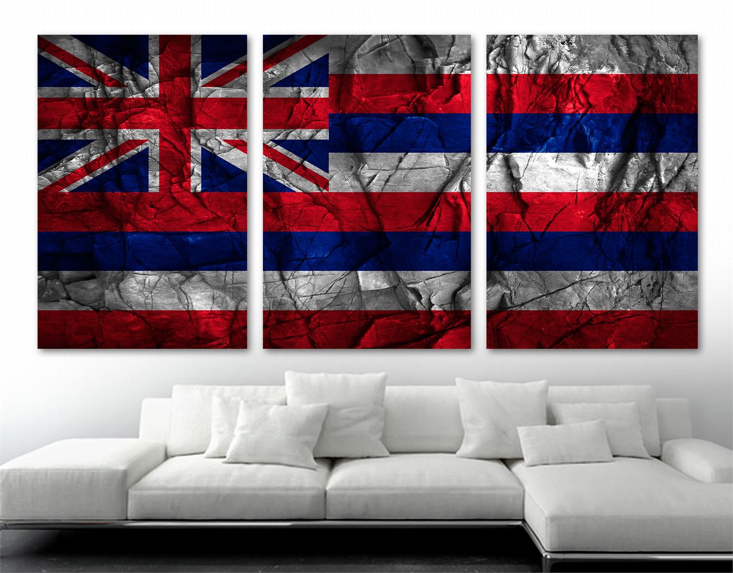 Hawaii Flag Wall Art Canvas Print stone effect 3 Panel Split, Triptych