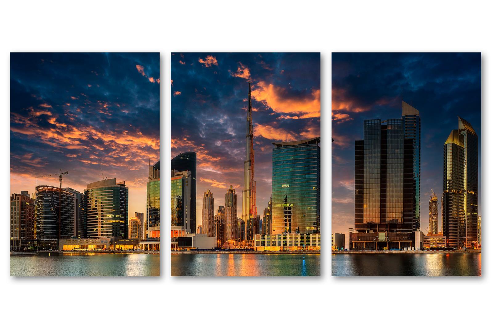 Dubai Evening Skyline Canvas Print Wall Art, Burj Khalifa 3 Panel