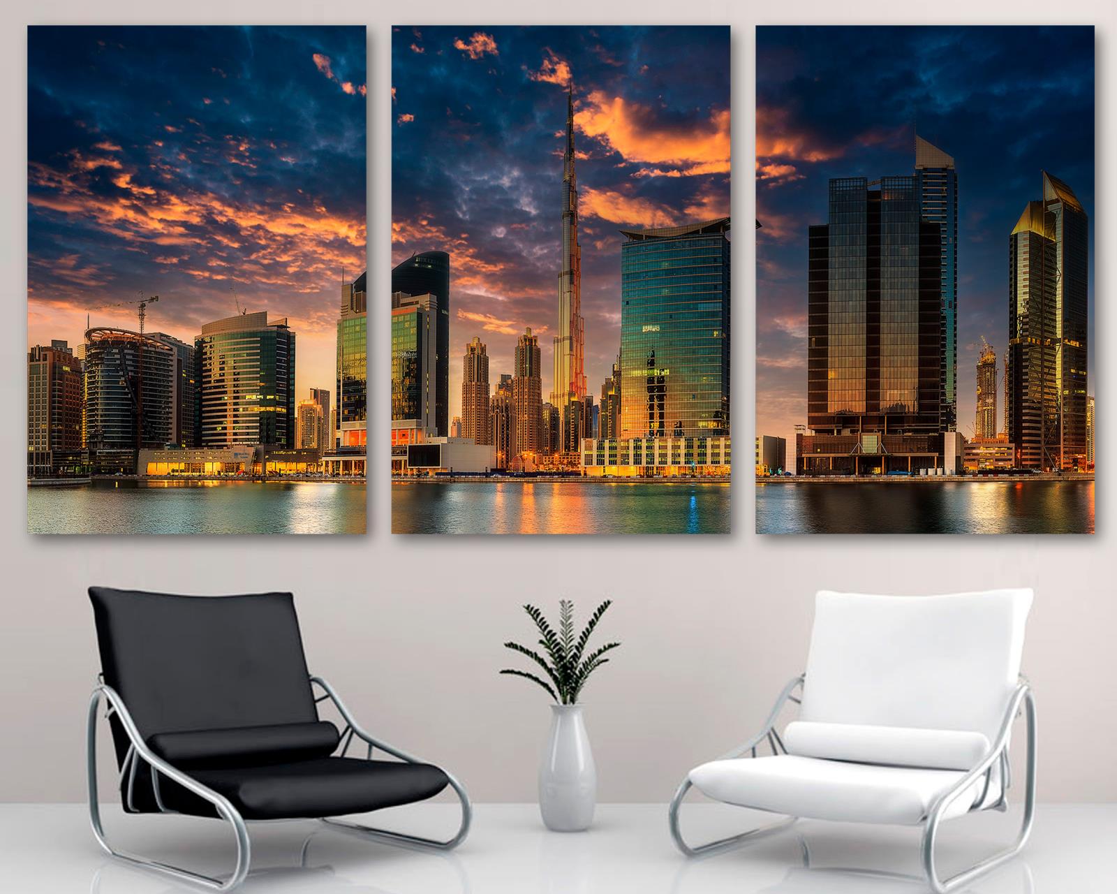 Dubai Evening Skyline Canvas Print Wall Art, Burj Khalifa 3 Panel