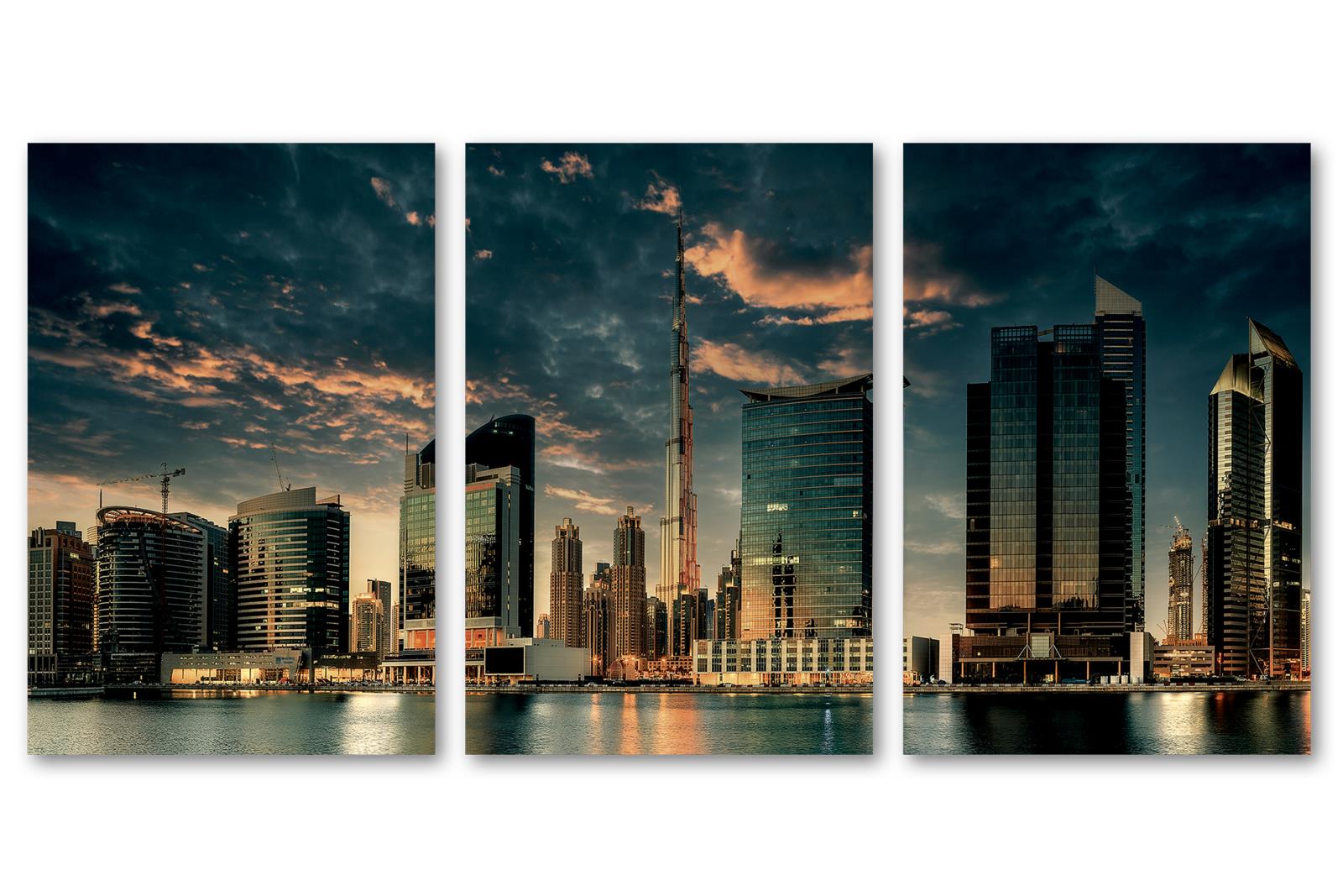 Dubai Canvas Wall Art Print at night, Burj Khalifa 3 Panel Split