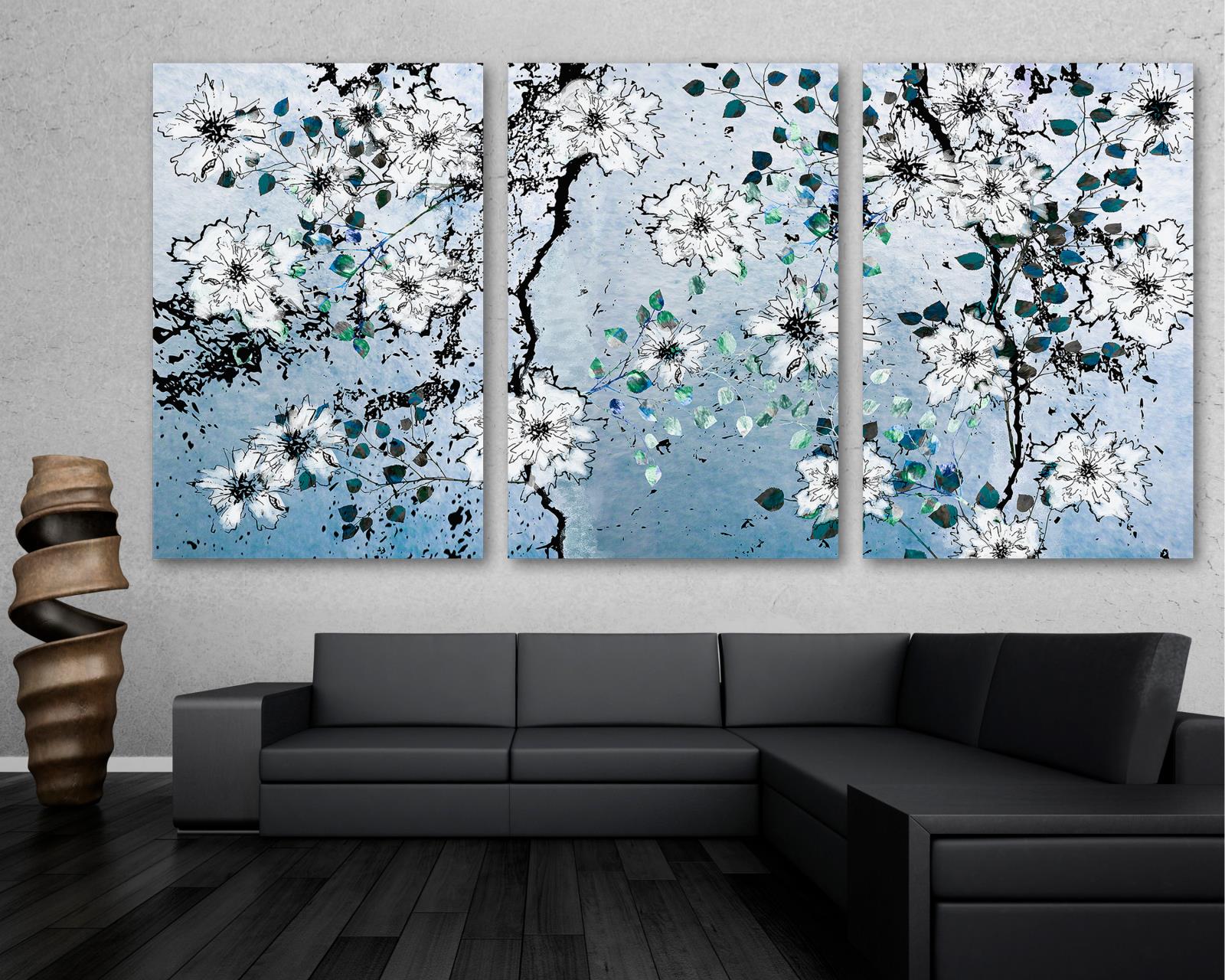 Blue lFloral Wall Art Canvas Print 3 Panel Split Flower Illustration