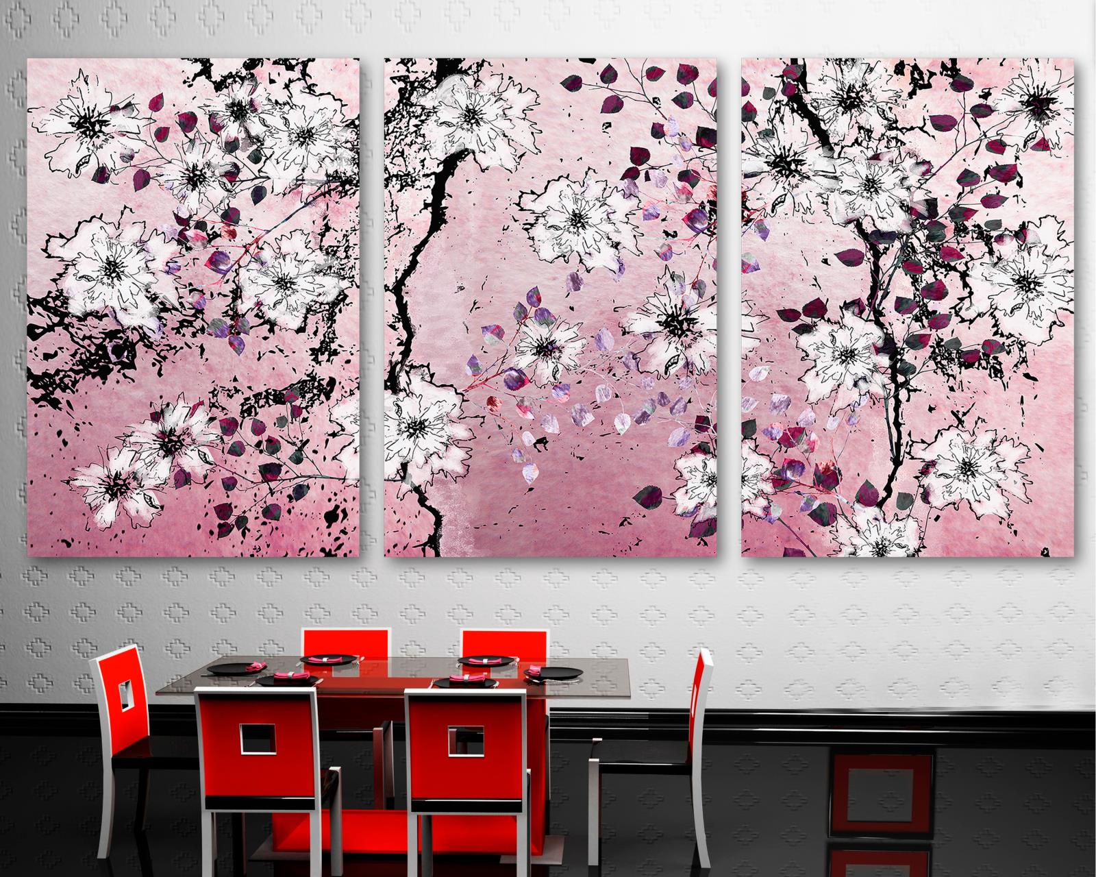 Pink Floral Wall Art Canvas Print 3 Panel Split Flower Illustration Wal