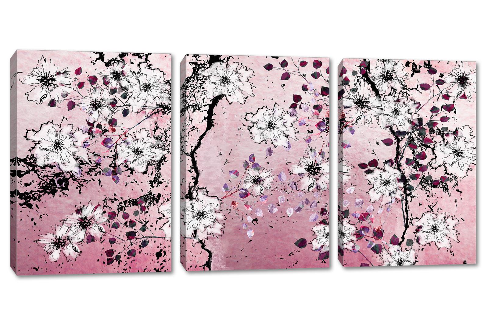 Pink Floral Wall Art Canvas Print 3 Panel Split Flower Illustration Wal