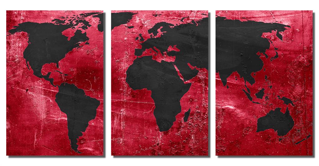Red and Black World Map Metal Print wall art. 3 Panel split, Triptych ...