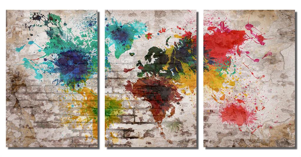 Beige Brick Wall World Map Metal print 3 Panel split, Triptych HD alu ...
