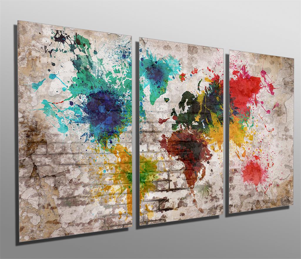 Beige Brick Wall World Map Metal print 3 Panel split, Triptych HD alu ...