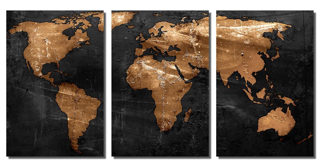 Bronze Black World Map Metal print wall art. 3 Panel split, Triptych ...
