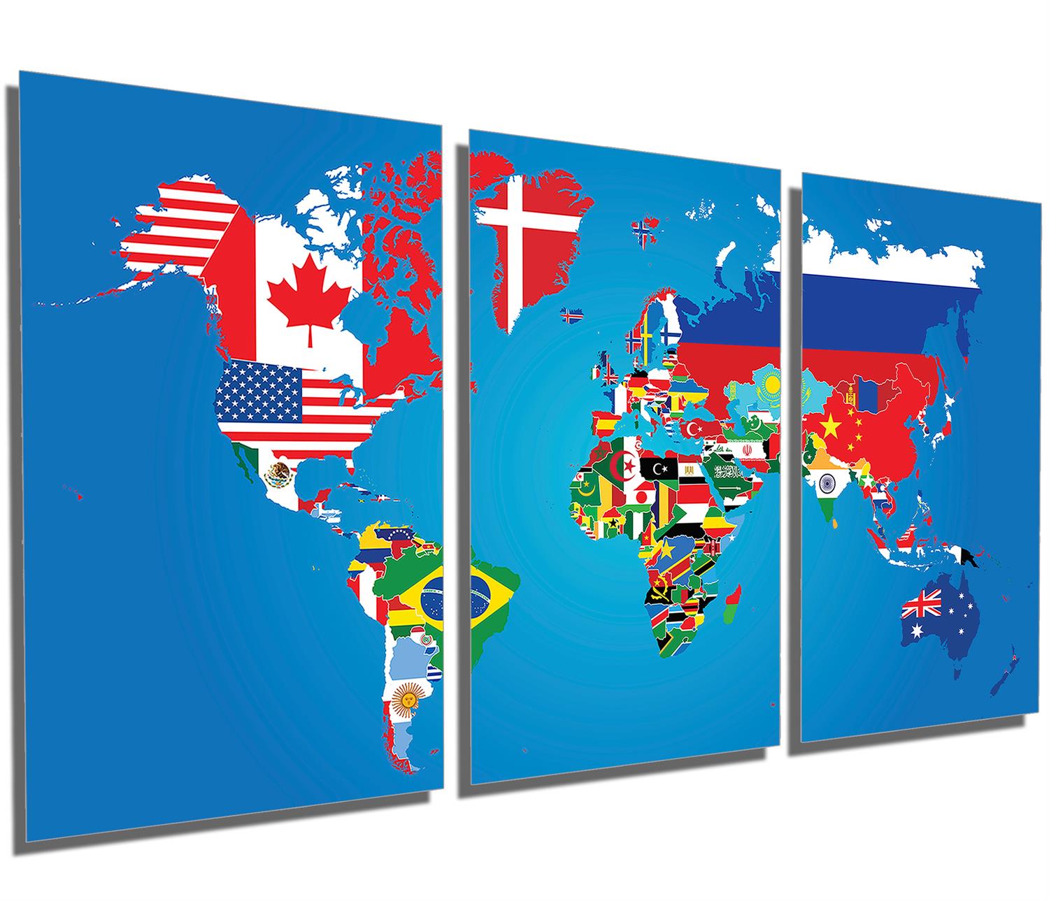World Map Country Flags Metal Print wall art 3 Panel split, Triptych ...
